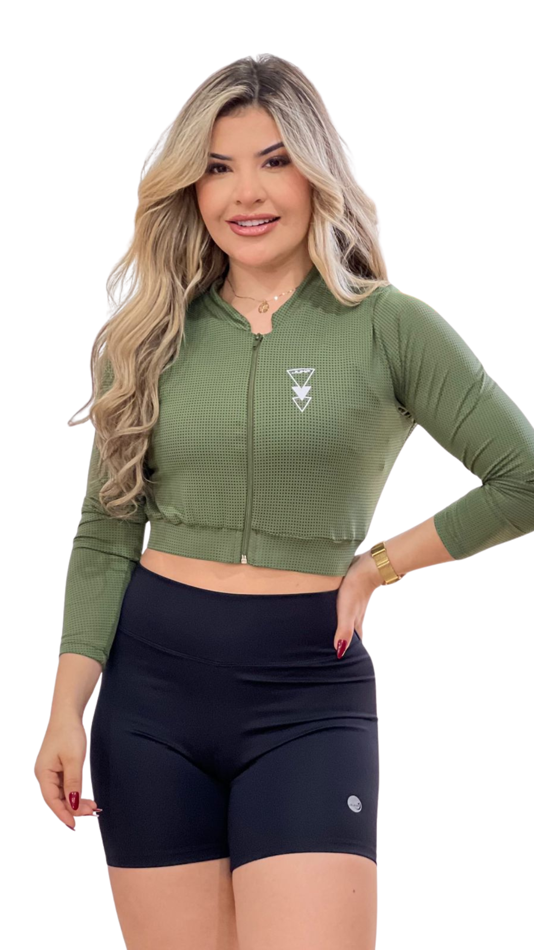 Jaqueta Cropped Waffle Verde Militar Manga 3/4 Jump