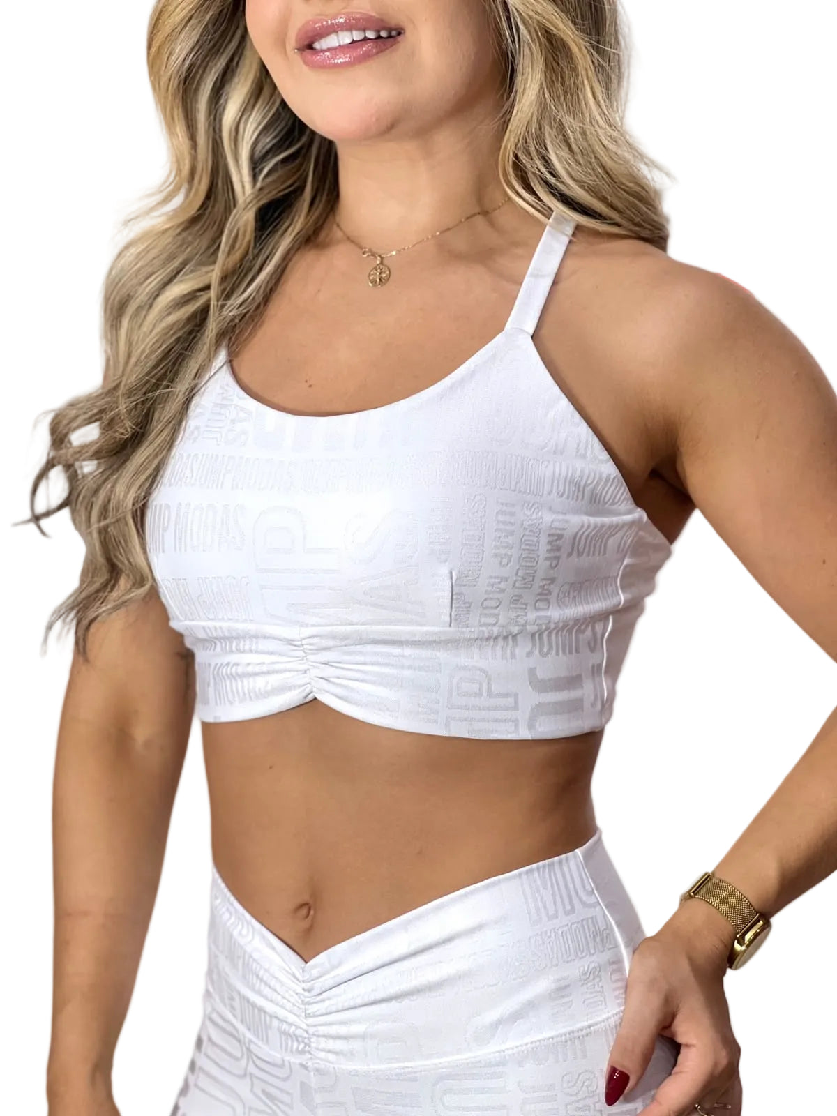 Top Fitness Cropped Branco com Textura Jump Modas