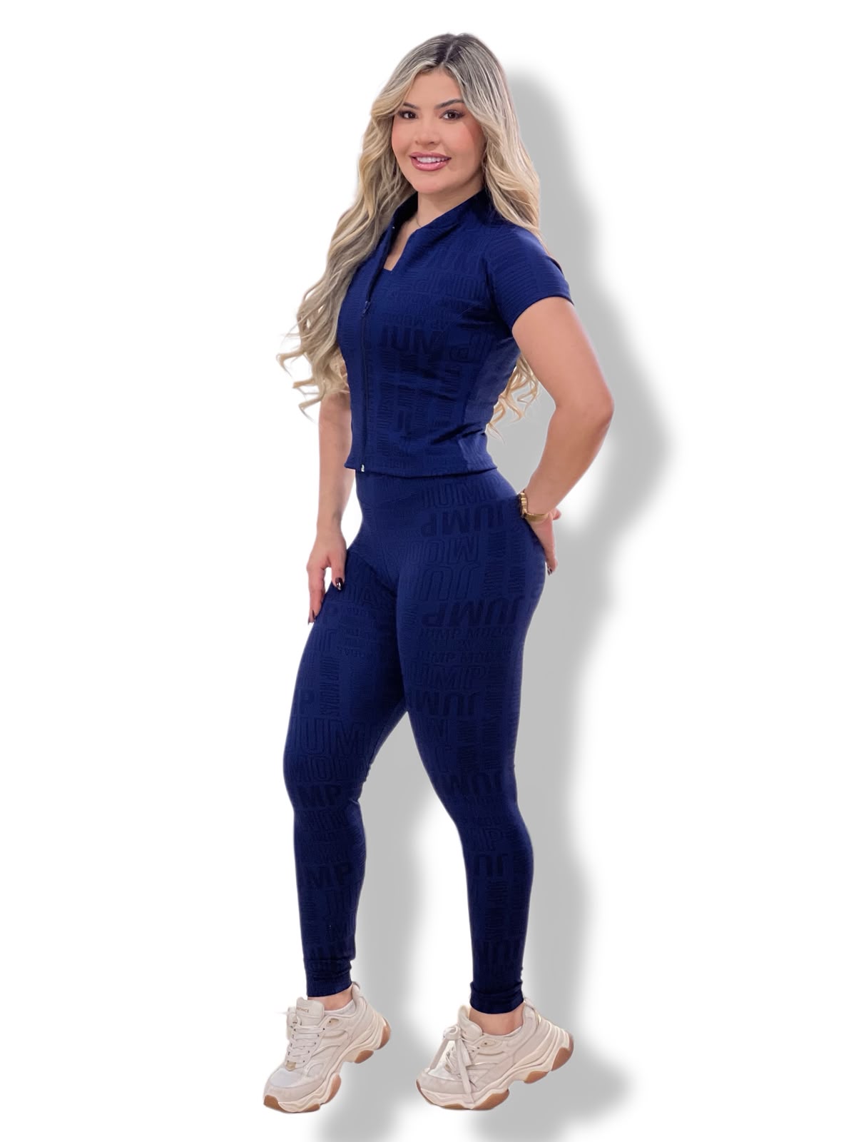 Blusa Manga Curta com Zíper Azul Marinho Logo All-Over