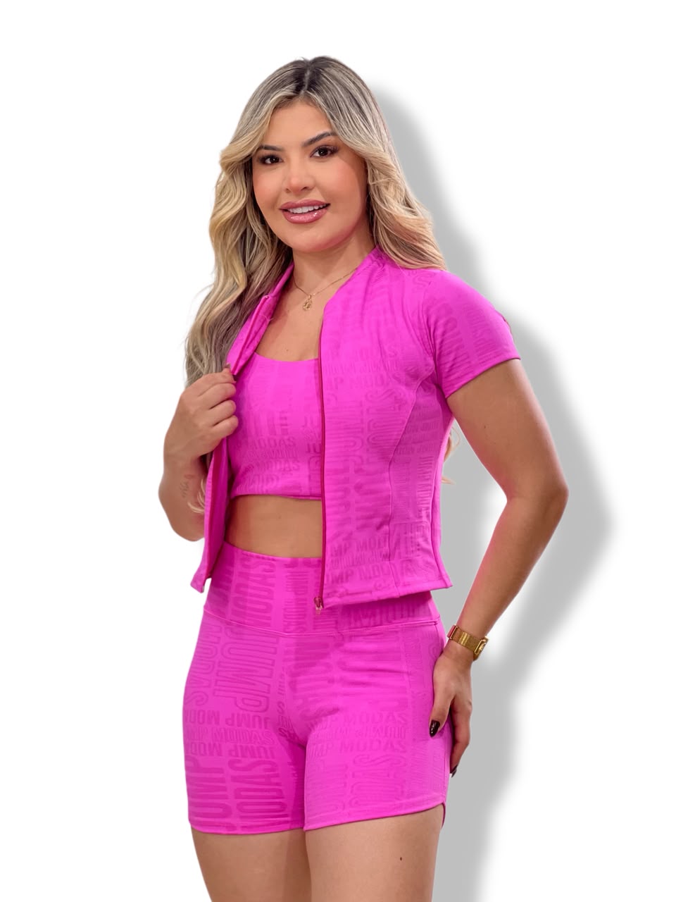 Blusa Manga Curta com Zíper Rosa Pink Logo All-Over