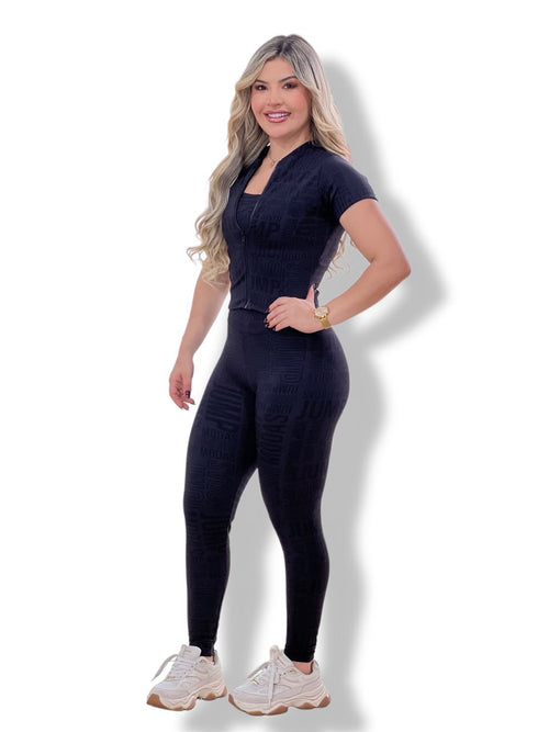 Blusa Manga Curta com Zíper Preta Logo All-Over