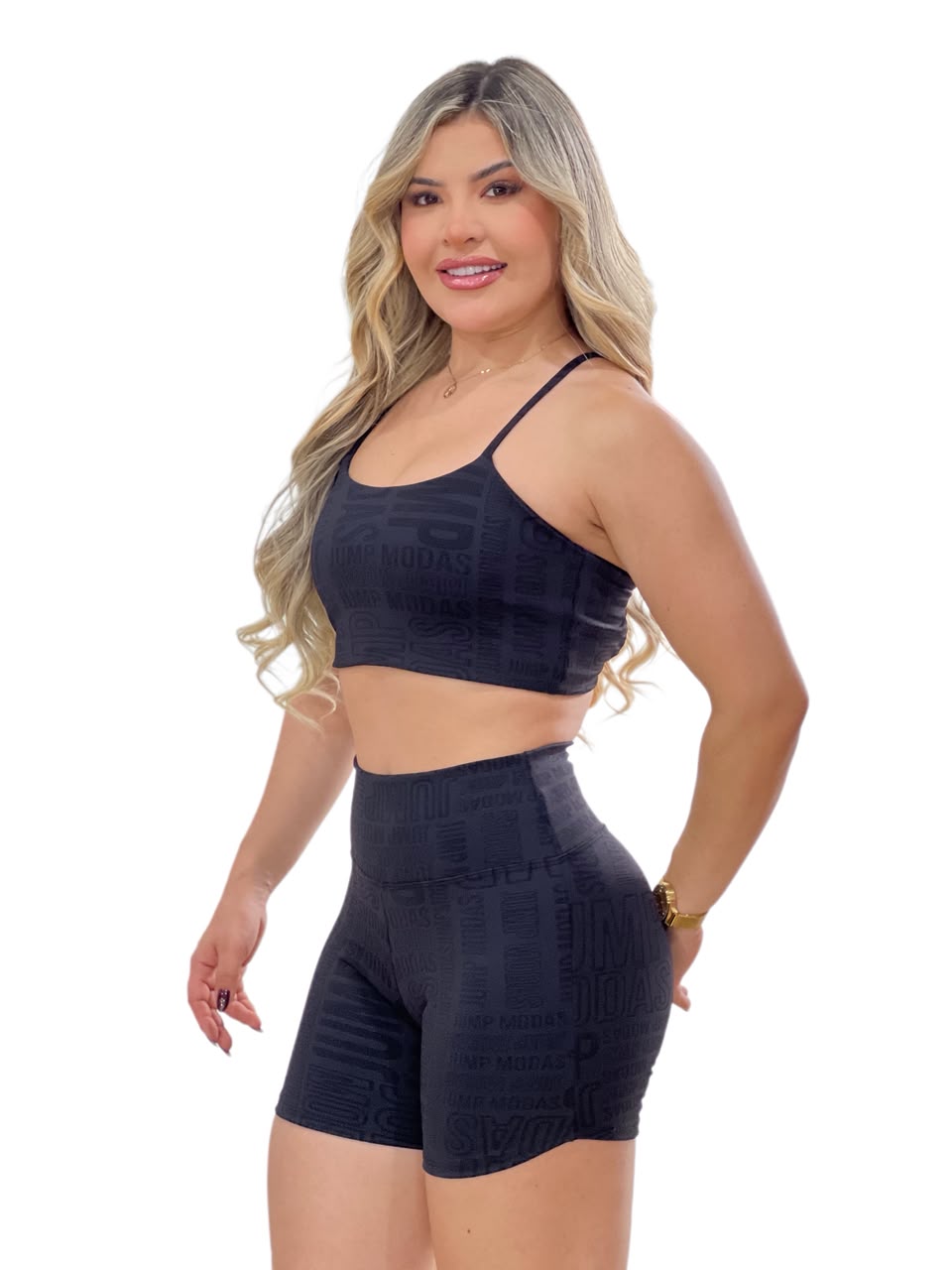 Short Cintura Alta Preto Logo All-Over