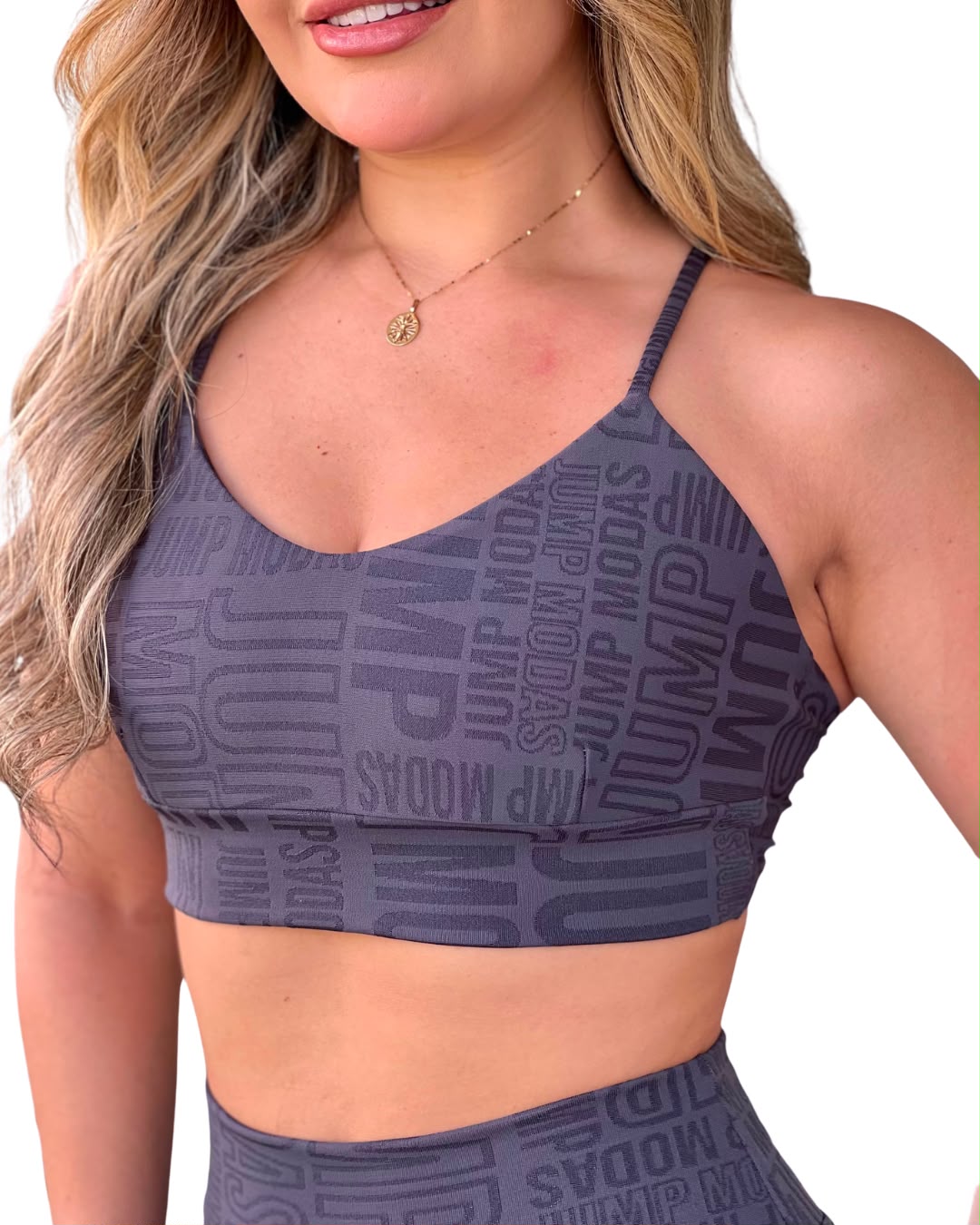 Top Alças Finas Cinza Chumbo Logo All-Over