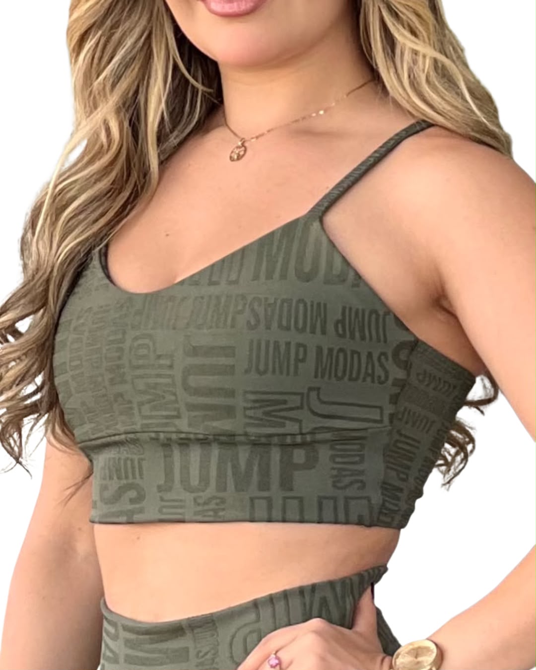 Top Alças Finas Verde Militar Logo All-Over