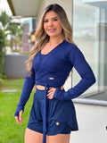Blusa Cropped Transpassada Azul Marinho com Amarração
