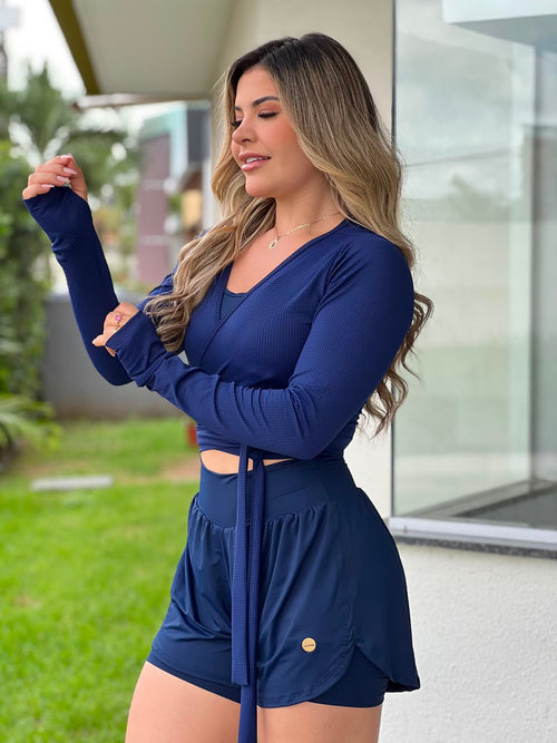 Blusa Cropped Transpassada Azul Marinho com Amarração