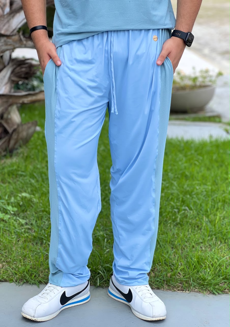 Calça Unissex Azul Claro — Faixa Lateral em Tela