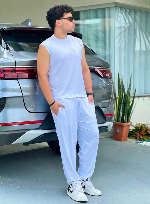 Calça Masculina Branca — Faixa Lateral em Tela