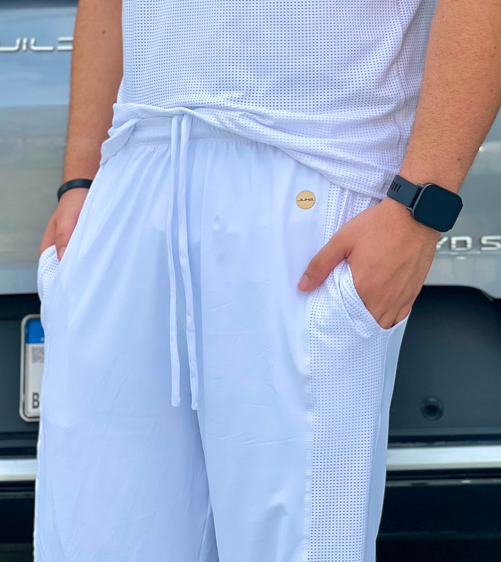 Calça Masculina Branca — Faixa Lateral em Tela
