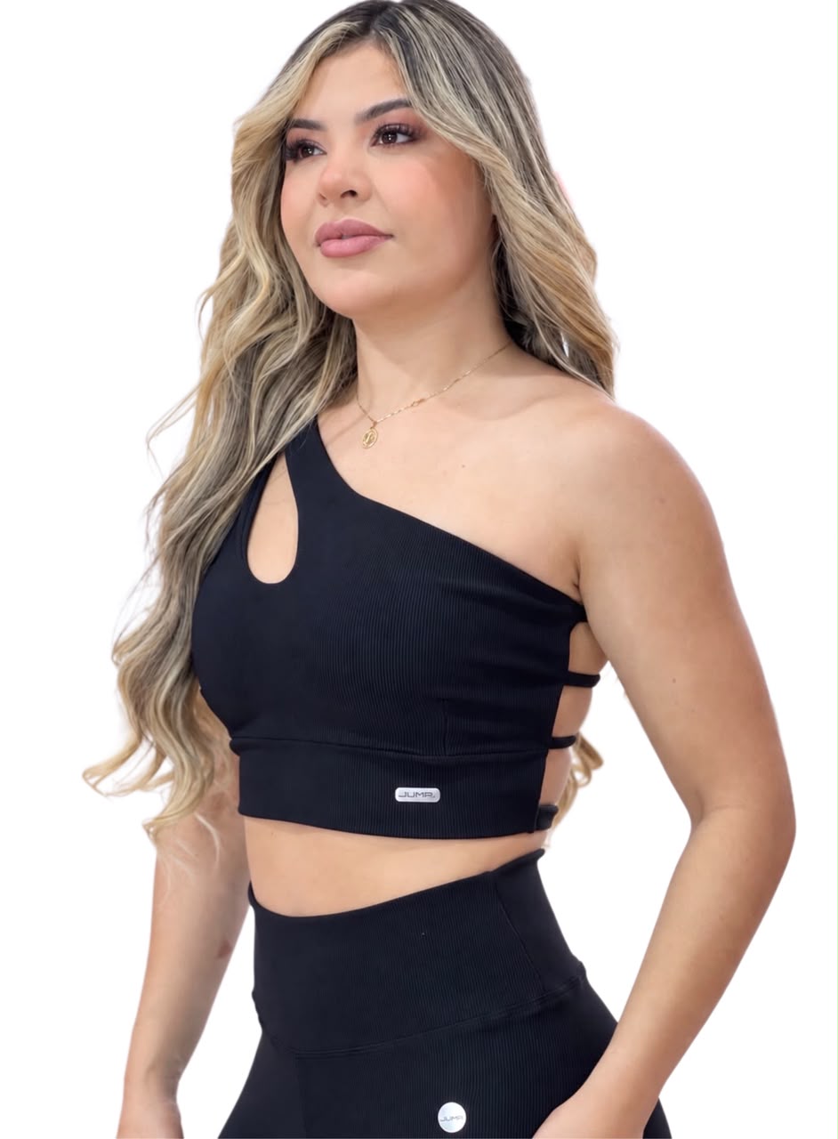 Top Ombro Único Canelado Preto Costas Strappy