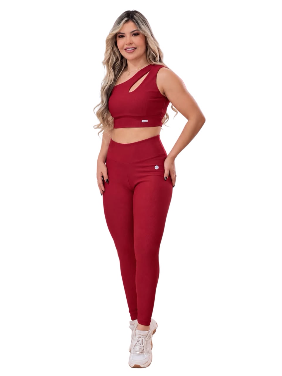 Legging Canelada Vermelha Cintura Alta Cós Largo