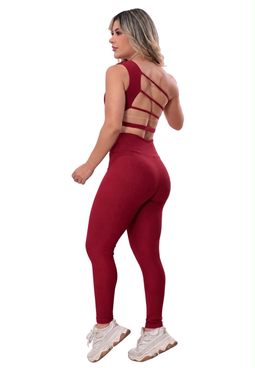 Legging Canelada Vermelha Cintura Alta Cós Largo