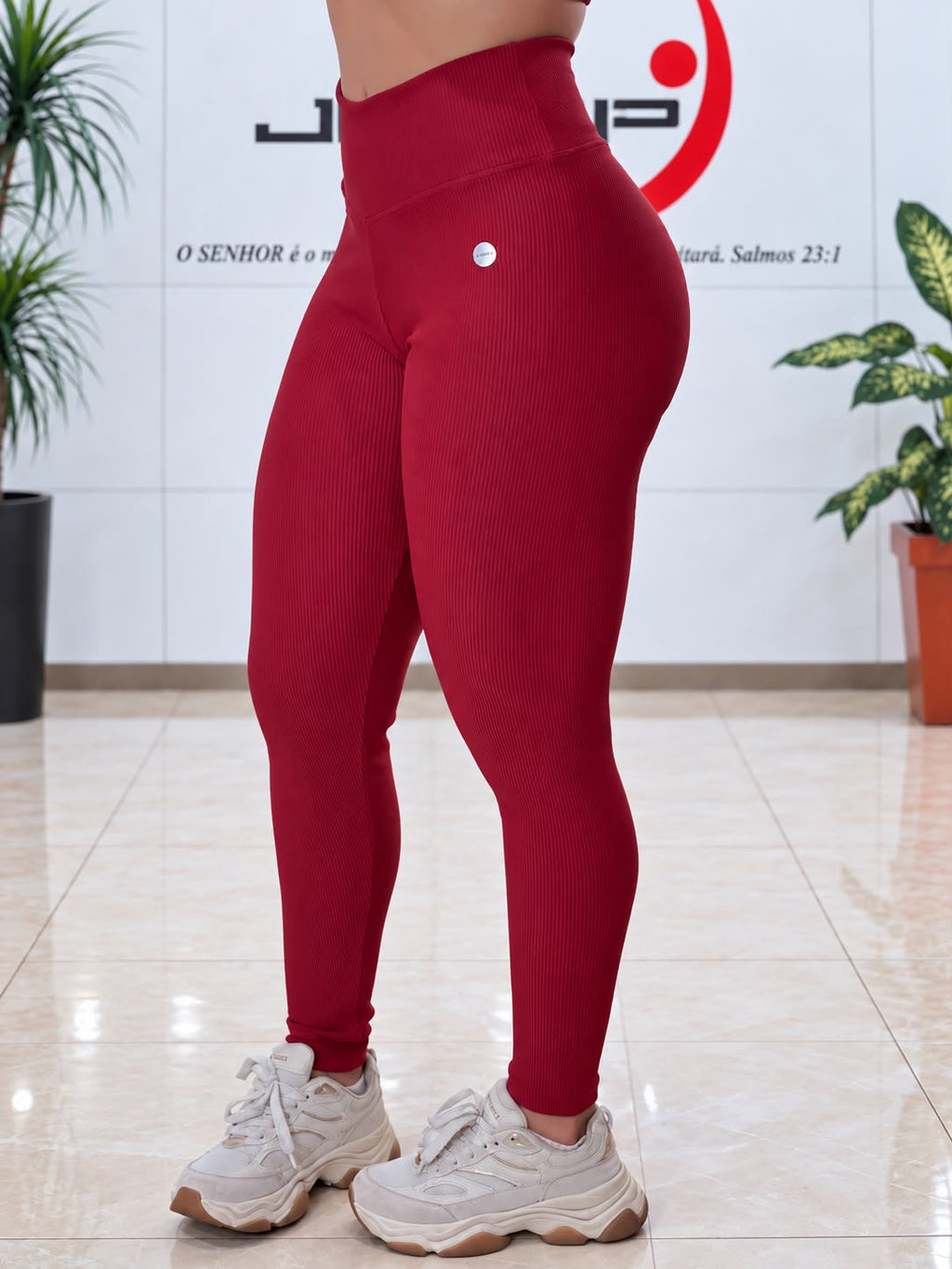Legging Canelada Vermelha Cintura Alta Cós Largo