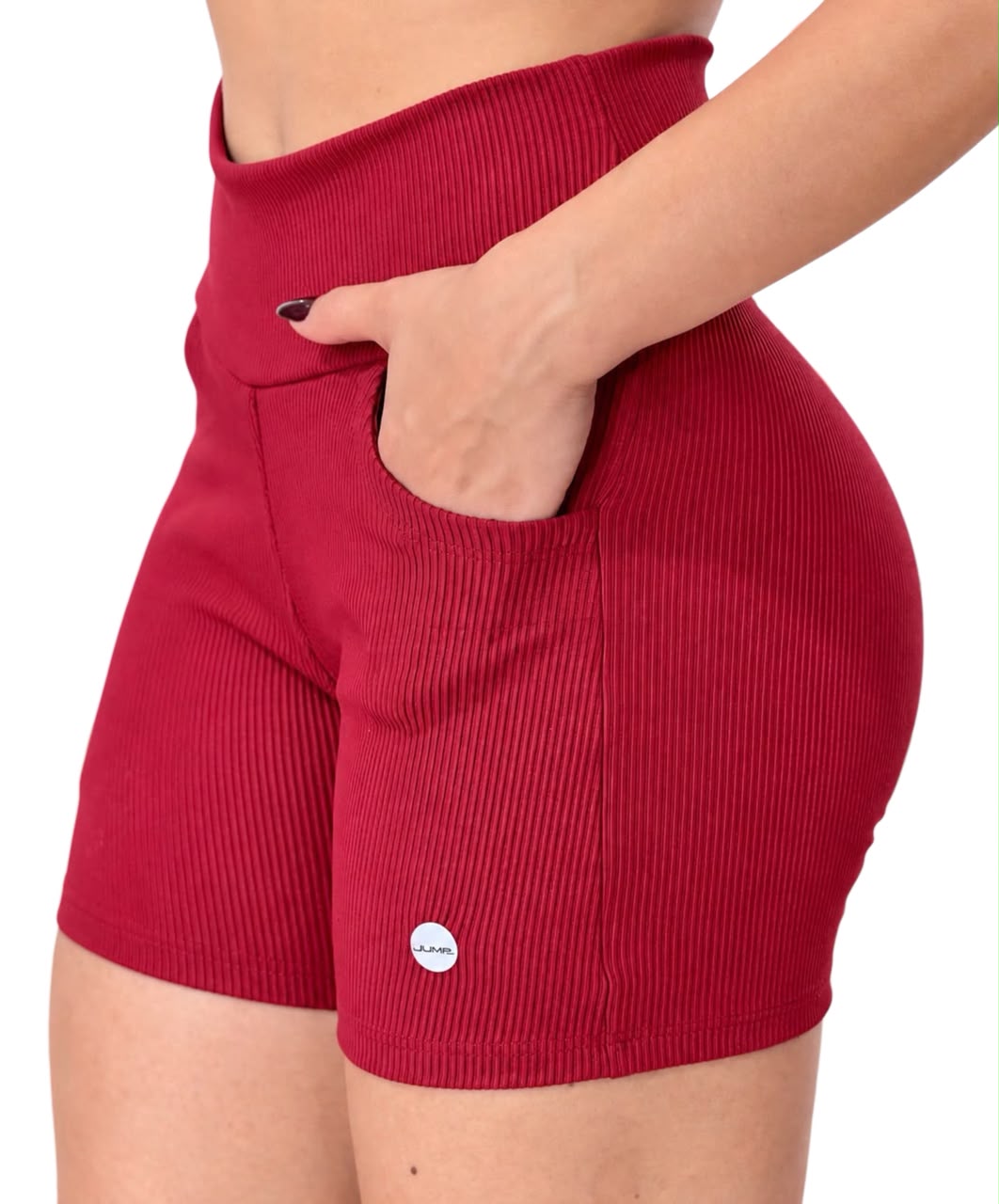 Short Cintura Alta Canelado Vermelho com Bolso