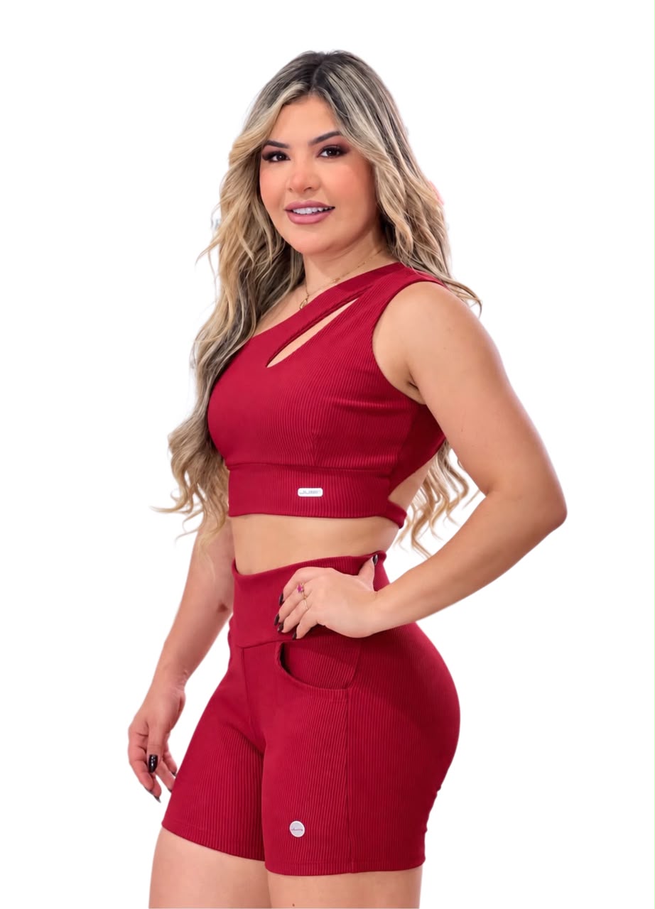 Short Cintura Alta Canelado Vermelho com Bolso