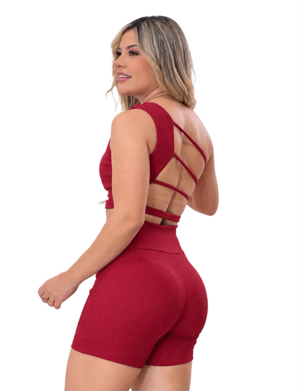 Top Ombro Único Canelado Vermelho Costas Strappy