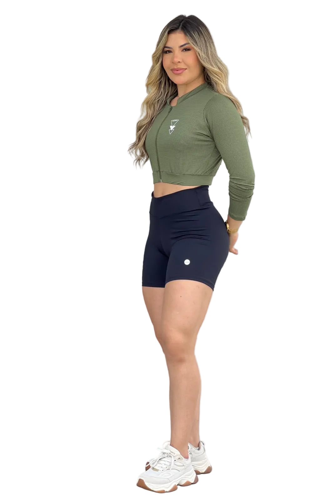 Casaco Fitness Cropped Verde Militar em Tela Perfurada