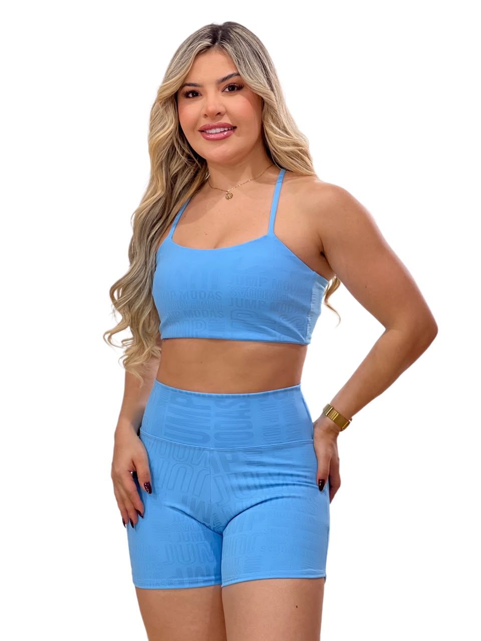 Short Cintura Alta Azul Claro Logo All-Over