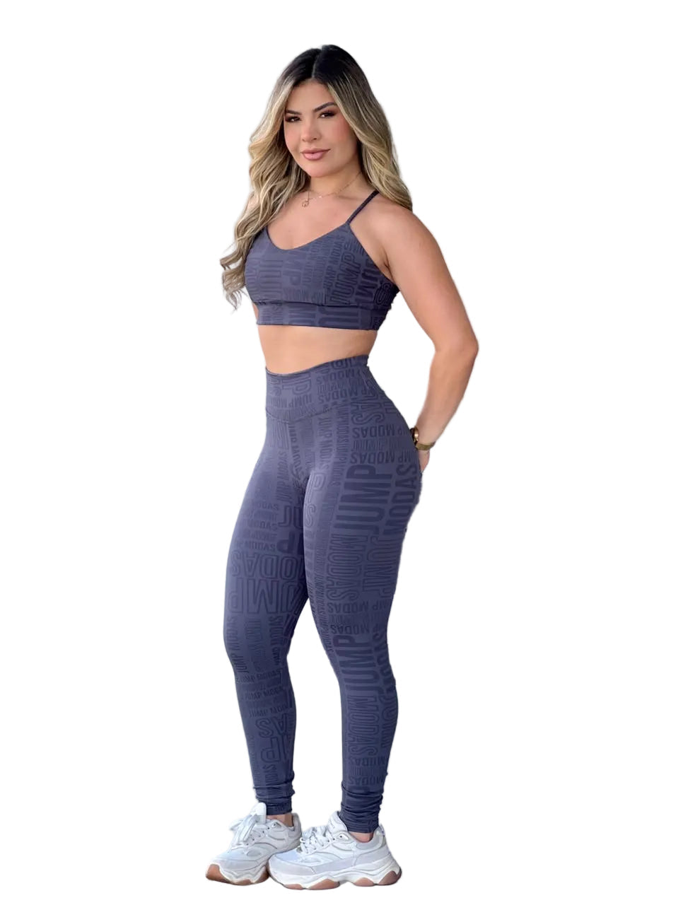 Legging Cintura Alta Cinza Chumbo Logo All-Over