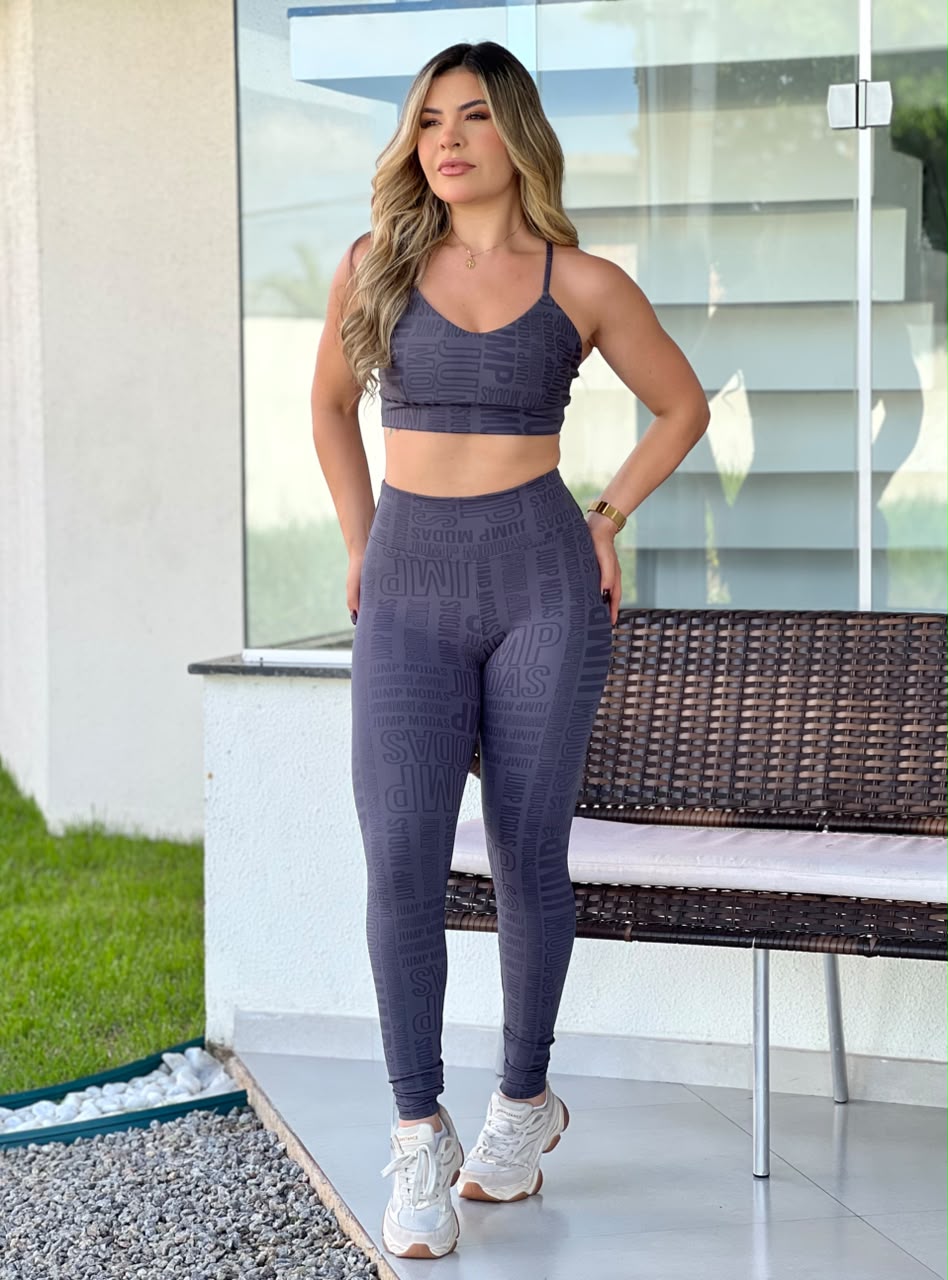 Legging Cintura Alta Cinza Chumbo Logo All-Over