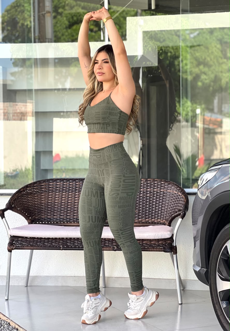 Legging Cintura Alta Verde Militar Logo All-Over
