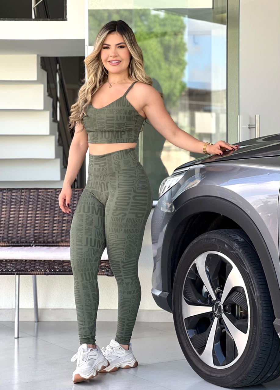 Legging Cintura Alta Verde Militar Logo All-Over