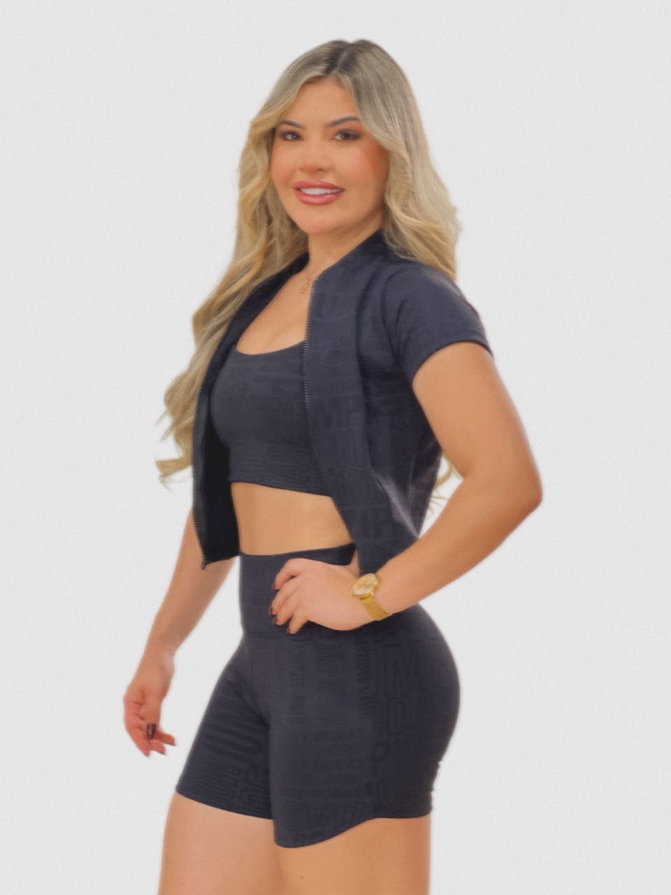 Blusa Manga Curta com Zíper Preta Logo All-Over