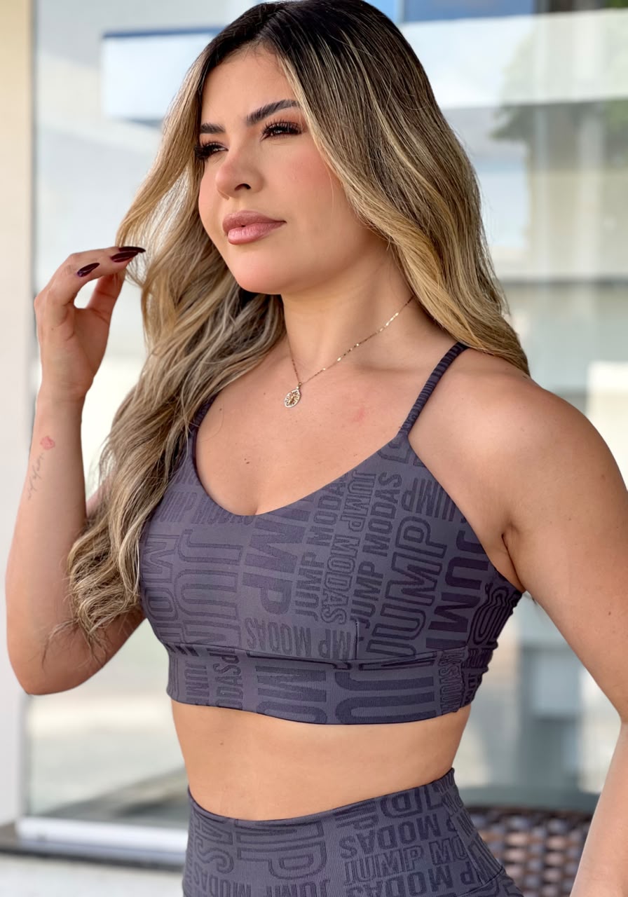 Top Alças Finas Cinza Chumbo Logo All-Over