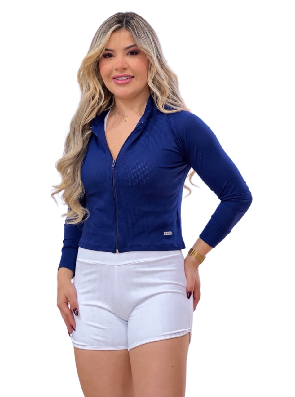 Casaco Fitness Cropped Azul Marinho em Tela Perfurada