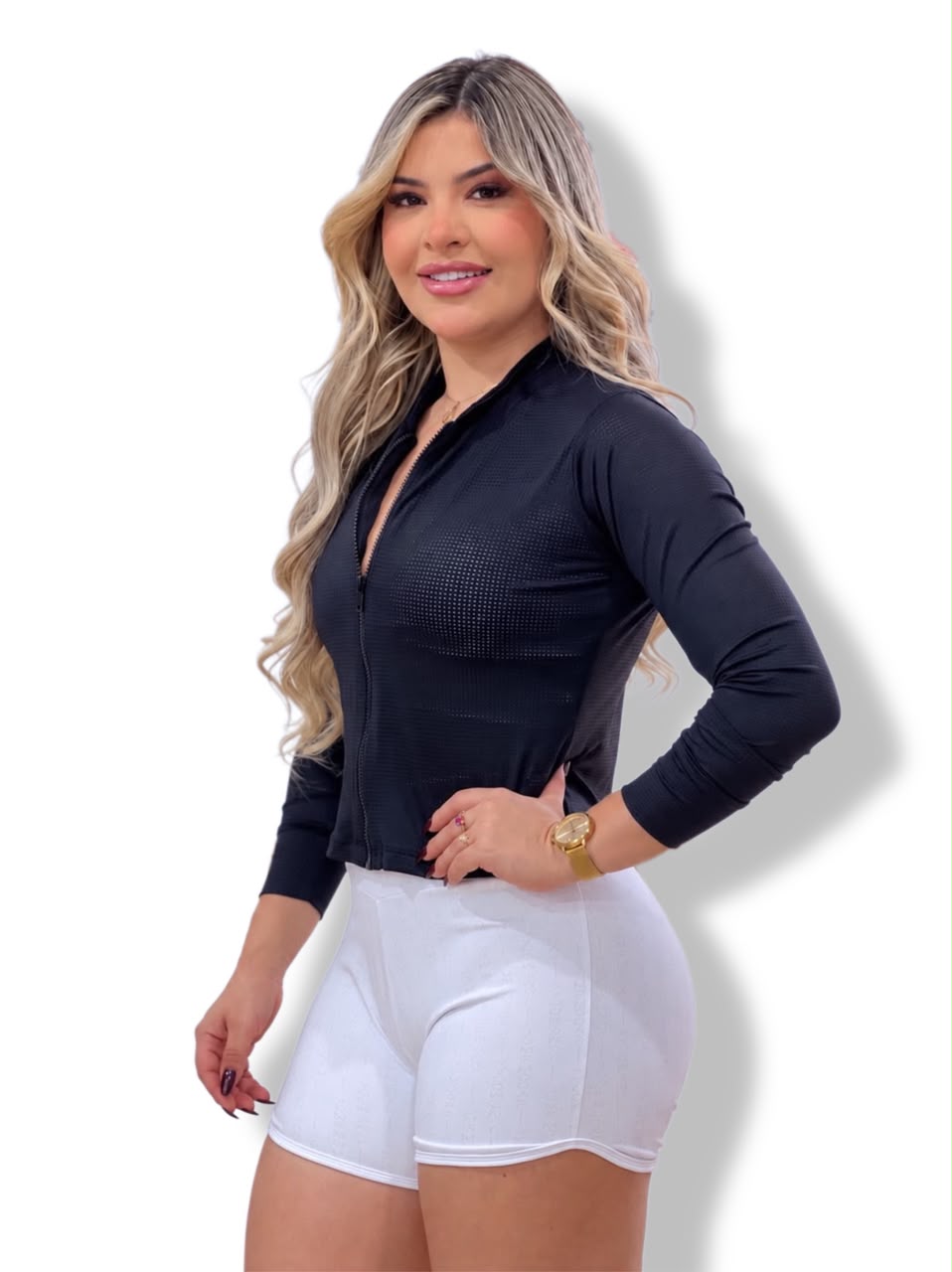 Casaco Fitness Cropped Preto em Tela Perfurada