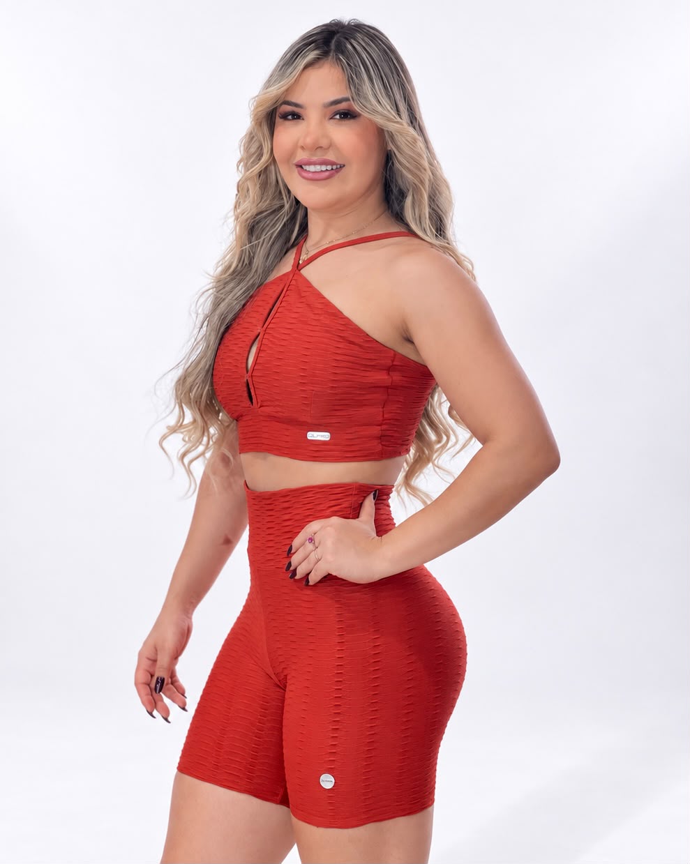 Short Cintura Alta Vermelho Texturizado 3D